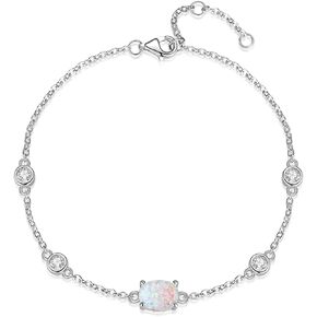 Sterling Silver Natural 6x8MM Gemstone Birthstone Adjustable Bracelets for Women 6.5"+2" White Gold Plated,Perfect Jewelry Gifts for Her
