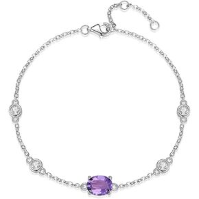 Sterling Silver Natural 6x8MM Gemstone Birthstone Adjustable Bracelets for Women 6.5"+2" White Gold Plated,Perfect Jewelry Gifts for Her