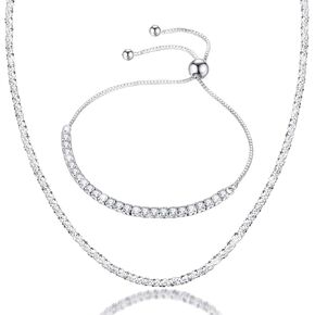 2pcs Tennis Silver Bracelet and Necklace Plated Platinum Diamond Delicate Adjustable Slider Bracelet Necklace Delicate Silver Necklace Choker Sparkle Jewelry Fashion Set for Women