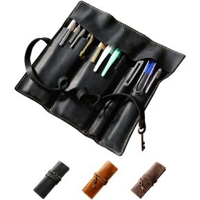 Genuine Leather Pencil Roll - Pen and Pencil Case，3 Open-End Pockets for Long Pens, Sturdy Strap, Fold-over Flap (coffee)