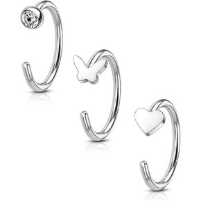 COCHARM 3PCS Half Hoop Titanium Nose Rings 20g Butterfly Nose Hoop Nose Ring Silver Black Gold Heart Nose Piercing Ring 8mm Moon Star Hoop Nose Jewelry 3PCS 20 Gauge Nose Piercing Jewelry