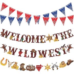 5 PCS Western Party Banners Wild West Pennant Banner Cowboy Bandana Banner Welcome to the Wild West Garlands Wild West Party Hanging Decorations for Western Cowboy Birthday Party Supplies