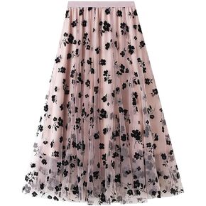 LA12ST Women 3D Posy Double-Layered Skirt Elastic Waist Floral Print Mesh A-Line Midi Skirt