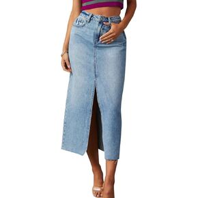 AiMgFUN Womens Denim Skirts Mid High Waist A line Midi Jean Skirt Long Split Hem Skirts for Ladies