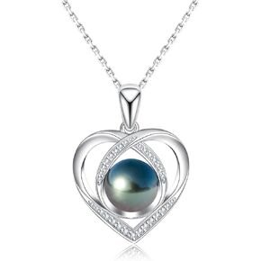 Genuine Tahitian Black Pearl with Moissanite Heart Pendant Necklace, AAA Handselected Black Pearls, D Color Moissanite, 18K White Gold Plated Sterling Silver, 45+2+3mm Adjustable Chain