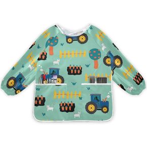 Painting Smocks for Kids 2-4 Art Smocks Eating with Pockets Tractors Seamless Waterproof Long Sleeve