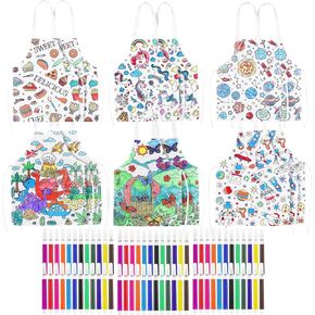 6 Set DIY Aprons Kit for Boys Girls 12 Washable Oxford Cloth Painting Aprons with 72 Colorful Markers White Apron Bulk Fun Educational Craft Coloring Kit for Baking Kitchen Cooking Classroom