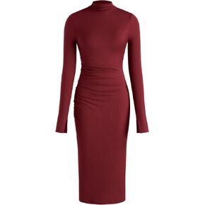 CIDER Long Sleeve Dress for Women - High Neck Ribbed Knit Bodycon Ruched Midi Dress 2024 Cocktail Party Sweater Dress