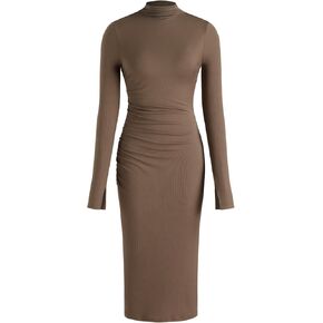 CIDER Long Sleeve Dress for Women - High Neck Ribbed Knit Bodycon Ruched Midi Dress 2024 Cocktail Party Sweater Dress