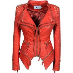 Women's classic Lapel dovetail rivet leather jacket casual personality fashion sexy punk Motorcycle Jacket (XL, Red) in Kuwait