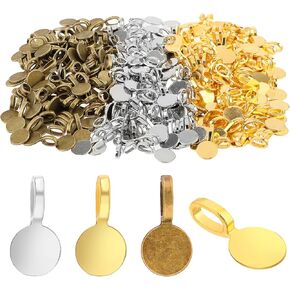 150 Pcs Bails for Jewelry Making Glue on Bails Pendants Pendant Connector Round Glue-on Flat Pad Bails Pendants Charms Bails for Necklace Bracelet Jewelry Making Golden Silver Bronze