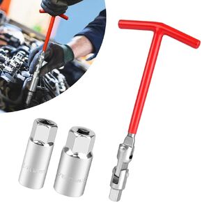 3 PCS Car Spark Plug Socket Wrench, 5/8"/16mm 13/16"/21mm Carbon Steel T-shaped Anti-slip Handle Universal Joint Tire Socket Wrench, Modification Accessory, for Cars, SUVs (Red & Silver)