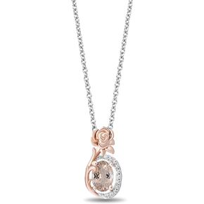 Jewelili Enchanted Disney Fine Jewelry Sterling Silver and 10K Rose Gold with 1/20 CTTW Diamond and Manganite Aurora Rose Pendant Necklace