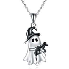 Ghost Necklace Sterling Silver Cat Ghost Necklace Bat Necklace Pendant Necklace Jewelry Halloween Gifts for Women
