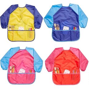 Bright Creations Kids Art Smocks, Waterproof Aprons with 3 Pockets for Painting, Ages 3-8 (4 Pack)