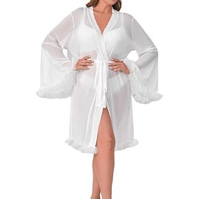 OYOANGLE Women's Plus Size Mesh Appliques Trumpet Floral Sleeve Belted Sleep Robe Bridal Wedding Lingerie