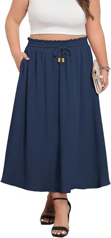 Plus Size Maxi Skirts for Women Summer Boho Pleated Elastic High Waist A-line Long Skirt with Pockets in Kuwait