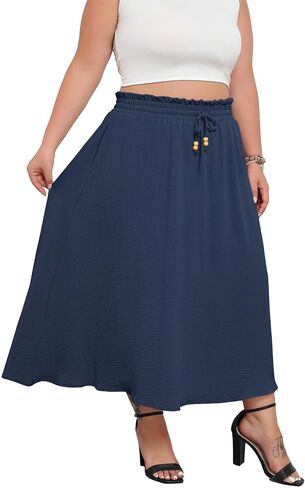 Plus Size Maxi Skirts for Women Summer Boho Pleated Elastic High Waist A-line Long Skirt with Pockets in Kuwait
