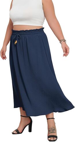 Plus Size Maxi Skirts for Women Summer Boho Pleated Elastic High Waist A-line Long Skirt with Pockets in Kuwait