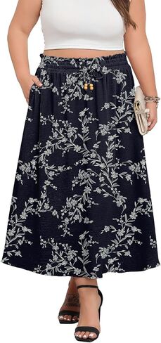 Plus Size Maxi Skirts for Women Summer Boho Pleated Elastic High Waist A-line Long Skirt with Pockets in Kuwait