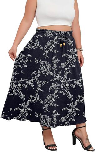 Plus Size Maxi Skirts for Women Summer Boho Pleated Elastic High Waist A-line Long Skirt with Pockets in Kuwait
