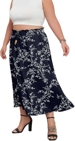 Plus Size Maxi Skirts for Women Summer Boho Pleated Elastic High Waist A-line Long Skirt with Pockets in Kuwait