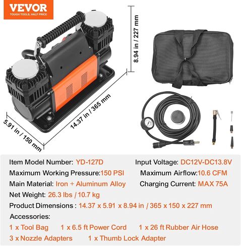 VEVOR 10.6 CFM Heavy Duty Air Compressor, 30s Fast Inflation | Dual-Cylinder Portable Tire Inflator, 12V 150PSI Offroad Air Pump with Adapters for Trucks Car SUV 4 x 4 Vehicle RV in Saudi Arabia