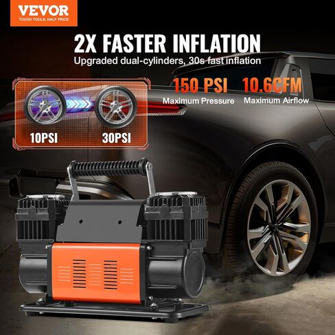 VEVOR 10.6 CFM Heavy Duty Air Compressor, 30s Fast Inflation | Dual-Cylinder Portable Tire Inflator, 12V 150PSI Offroad Air Pump with Adapters for Trucks Car SUV 4 x 4 Vehicle RV in Saudi Arabia