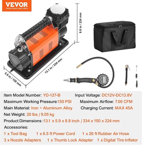 VEVOR 10.6 CFM Heavy Duty Air Compressor, 30s Fast Inflation | Dual-Cylinder Portable Tire Inflator, 12V 150PSI Offroad Air Pump with Adapters for Trucks Car SUV 4 x 4 Vehicle RV in Saudi Arabia