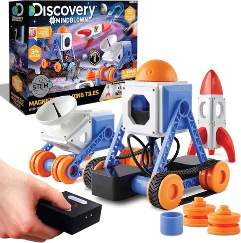 Discovery #MINDBLOWN بلاط بناء مغناطيسي قابل للتخصيص مع جهاز تحكم عن بعد، مجموعة لعب مكونة من 34 قطعة، قم ببناء 3 نماذج بين المجرات، تتضمن محركين يعملان بالطاقة، لعبة STEM للأولاد والبنات in Kuwait
