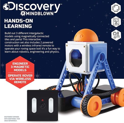 Discovery #MINDBLOWN بلاط بناء مغناطيسي قابل للتخصيص مع جهاز تحكم عن بعد، مجموعة لعب مكونة من 34 قطعة، قم ببناء 3 نماذج بين المجرات، تتضمن محركين يعملان بالطاقة، لعبة STEM للأولاد والبنات in Kuwait