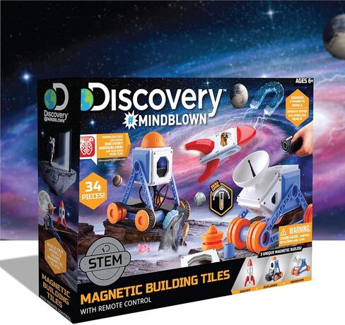 Discovery #MINDBLOWN بلاط بناء مغناطيسي قابل للتخصيص مع جهاز تحكم عن بعد، مجموعة لعب مكونة من 34 قطعة، قم ببناء 3 نماذج بين المجرات، تتضمن محركين يعملان بالطاقة، لعبة STEM للأولاد والبنات in Kuwait