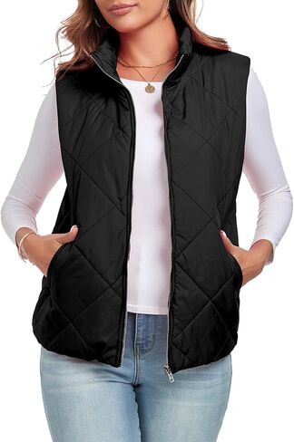 Women's Quilted Vest 2024 Sleeveless Zip Up Coat Stand Collar Gilet Jacket with Pockets in Saudi Arabia