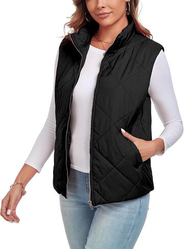 Women's Quilted Vest 2024 Sleeveless Zip Up Coat Stand Collar Gilet Jacket with Pockets in Saudi Arabia