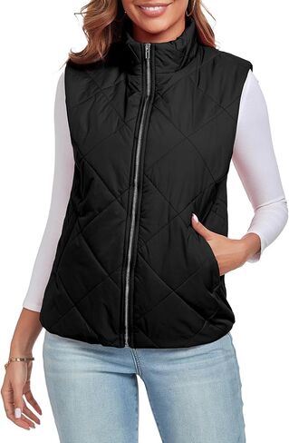 Women's Quilted Vest 2024 Sleeveless Zip Up Coat Stand Collar Gilet Jacket with Pockets in Saudi Arabia