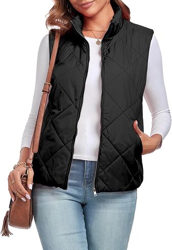 Women's Quilted Vest 2024 Sleeveless Zip Up Coat Stand Collar Gilet Jacket with Pockets in Saudi Arabia
