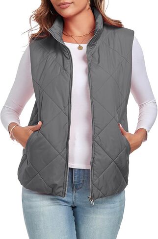 Women's Quilted Vest 2024 Sleeveless Zip Up Coat Stand Collar Gilet Jacket with Pockets in Saudi Arabia