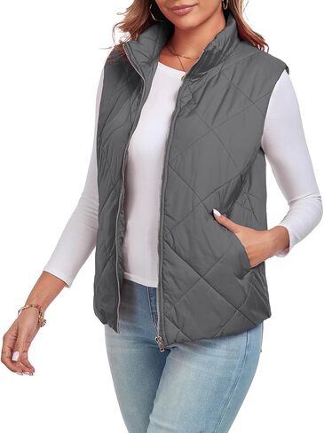 Women's Quilted Vest 2024 Sleeveless Zip Up Coat Stand Collar Gilet Jacket with Pockets in Saudi Arabia