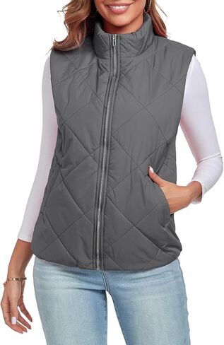 Women's Quilted Vest 2024 Sleeveless Zip Up Coat Stand Collar Gilet Jacket with Pockets in Saudi Arabia