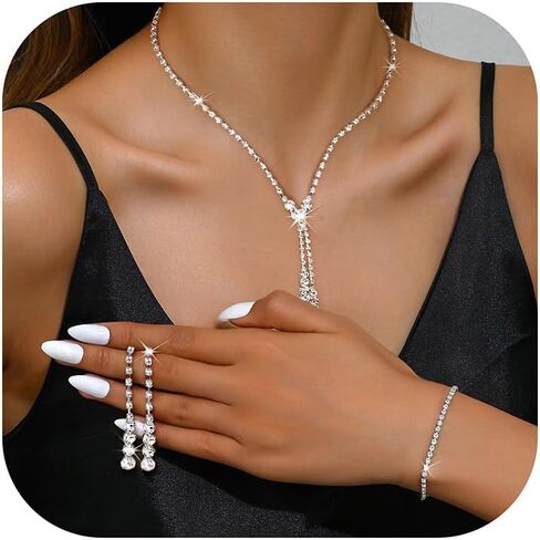 Jstyle Silver Jewelry Set Wedding Jewelry Sets for Brides Bridesmaid Rhinestone Crystal Necklace Dangle Earrings Bracelet Set Bridal Wedding Prom Formal Costume Jewelry for Women in Saudi Arabia