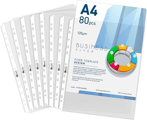 80 ورقة واقيات للمجلدات، جيب مثقوب مقاس A4 مع عروات لاصقة، أكمام مجلدة شديدة التحمل 60 ميكرون معززة بـ 11 فتحة، فواصل بلاستيكية شفافة تحميل علوي للورق والمستندات والصور in Kuwait