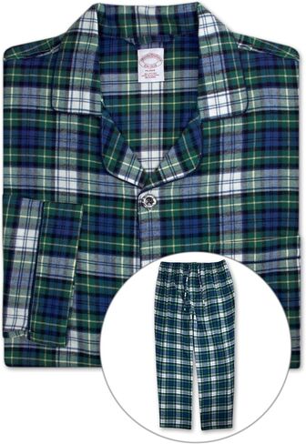 Brooks Brothers Mens Flannel Cotton Two Piece Pajama Shirt and Elast Pants Lounge Set, (Large, 201449 Green/Blue Tartan Plaid) in Saudi Arabia