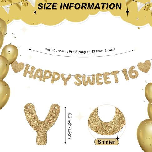 Fulmoon Pre Strung Happy Sweet 16 لافتة لامعة لتزيين حفلات عيد الميلاد السادس عشر، لافتة حفلات عيد الميلاد السادس عشر، 16 زينة للحفلات لحفلات أعياد الميلاد وحفلات العزوبية (ذهبي شامبانيا) in Kuwait