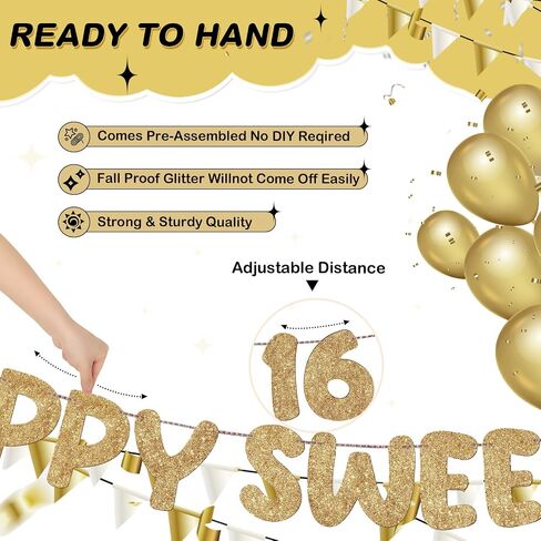 Fulmoon Pre Strung Happy Sweet 16 لافتة لامعة لتزيين حفلات عيد الميلاد السادس عشر، لافتة حفلات عيد الميلاد السادس عشر، 16 زينة للحفلات لحفلات أعياد الميلاد وحفلات العزوبية (ذهبي شامبانيا) in Kuwait