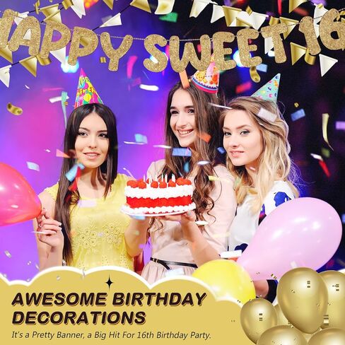 Fulmoon Pre Strung Happy Sweet 16 لافتة لامعة لتزيين حفلات عيد الميلاد السادس عشر، لافتة حفلات عيد الميلاد السادس عشر، 16 زينة للحفلات لحفلات أعياد الميلاد وحفلات العزوبية (ذهبي شامبانيا) in Kuwait