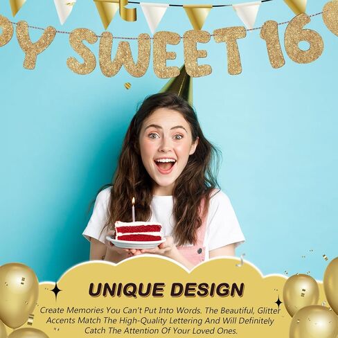 Fulmoon Pre Strung Happy Sweet 16 لافتة لامعة لتزيين حفلات عيد الميلاد السادس عشر، لافتة حفلات عيد الميلاد السادس عشر، 16 زينة للحفلات لحفلات أعياد الميلاد وحفلات العزوبية (ذهبي شامبانيا) in Kuwait