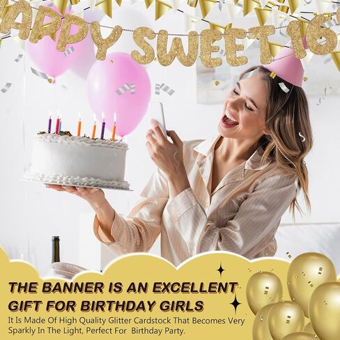 Fulmoon Pre Strung Happy Sweet 16 لافتة لامعة لتزيين حفلات عيد الميلاد السادس عشر، لافتة حفلات عيد الميلاد السادس عشر، 16 زينة للحفلات لحفلات أعياد الميلاد وحفلات العزوبية (ذهبي شامبانيا) in Kuwait