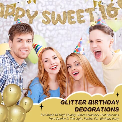 Fulmoon Pre Strung Happy Sweet 16 لافتة لامعة لتزيين حفلات عيد الميلاد السادس عشر، لافتة حفلات عيد الميلاد السادس عشر، 16 زينة للحفلات لحفلات أعياد الميلاد وحفلات العزوبية (ذهبي شامبانيا) in Kuwait