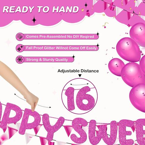 Fulmoon Pre Strung Happy Sweet 16 لافتة لامعة لتزيين حفلات عيد الميلاد السادس عشر، لافتة حفلات عيد الميلاد السادس عشر، 16 زينة للحفلات لحفلات أعياد الميلاد وحفلات العزوبية (ذهبي شامبانيا) in Kuwait