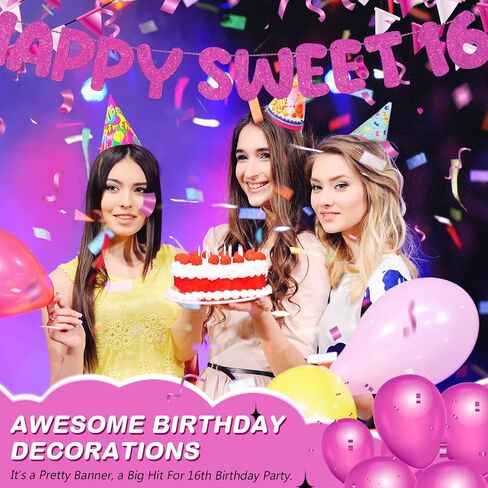Fulmoon Pre Strung Happy Sweet 16 لافتة لامعة لتزيين حفلات عيد الميلاد السادس عشر، لافتة حفلات عيد الميلاد السادس عشر، 16 زينة للحفلات لحفلات أعياد الميلاد وحفلات العزوبية (ذهبي شامبانيا) in Kuwait